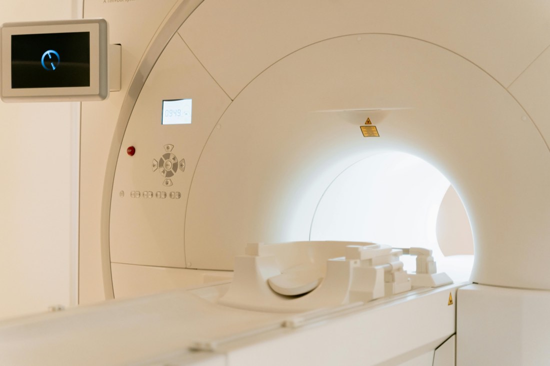 Close-up view of a CT scanner in a hospital imaging room